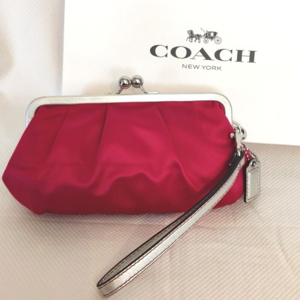 Coach Satin Metallic Silver Leather Frame Kisslock Clutch Wristlet - Magenta EUC